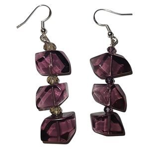 Sterling Silver 925 Purple Crystal & Glass Bead Dangle‎ Dropped Earrings
